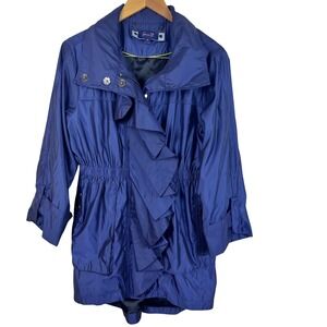 Seven7‎ Size M Blue Ruffle Rain Trench Coat Lightweight Hooded Jacket (T671)